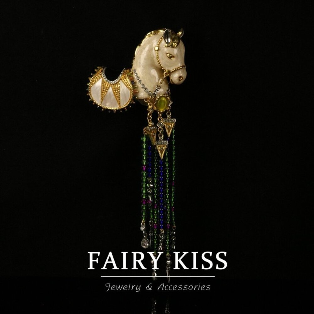 Elegant Enamel Horse Brooch Crystal Accents & Multi-Color Tassels